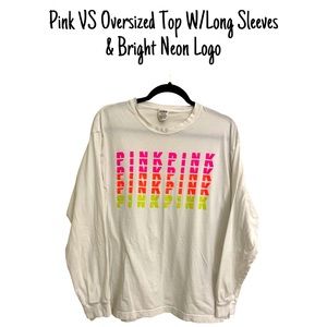 EUC Large White Long Sleeve Shirt With Neon Pink Logo With Side Slits